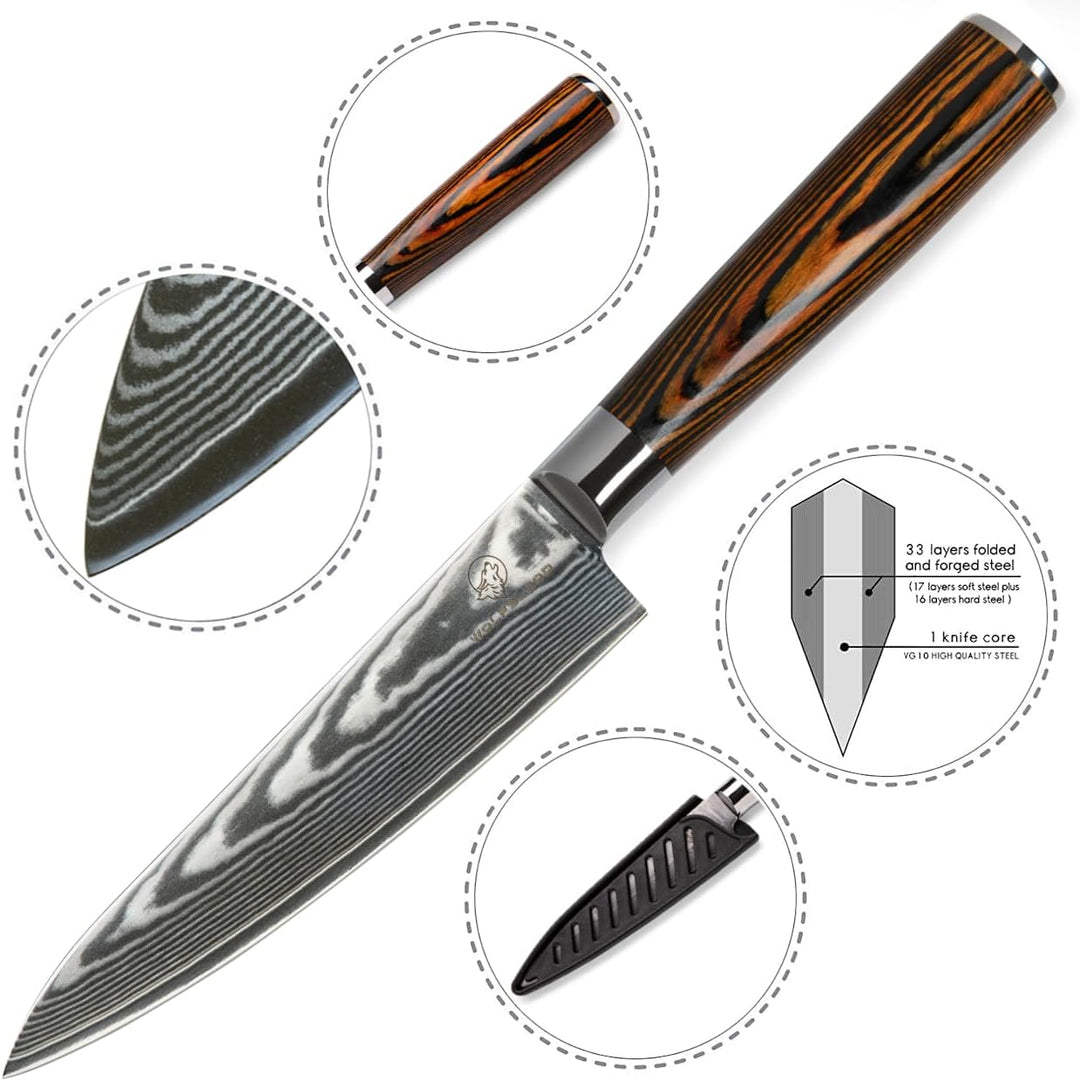 Wolfblood Damastmesser Küchenmesser L (26cm) TÜV geprüfter 62 HRC Damaststahl aus 67 Lagen I Damast-