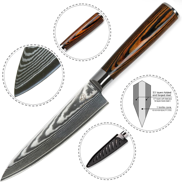 Wolfblood Damastmesser Küchenmesser L (26cm) TÜV geprüfter 62 HRC Damaststahl aus 67 Lagen I Damast-