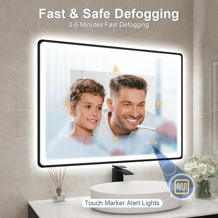 STARLEAD 80x60cm Schwarz LED-Badezimmerspiegel-mit-Beleuchtung und Bluetooth, Entfoggen, Dimmbar, 3