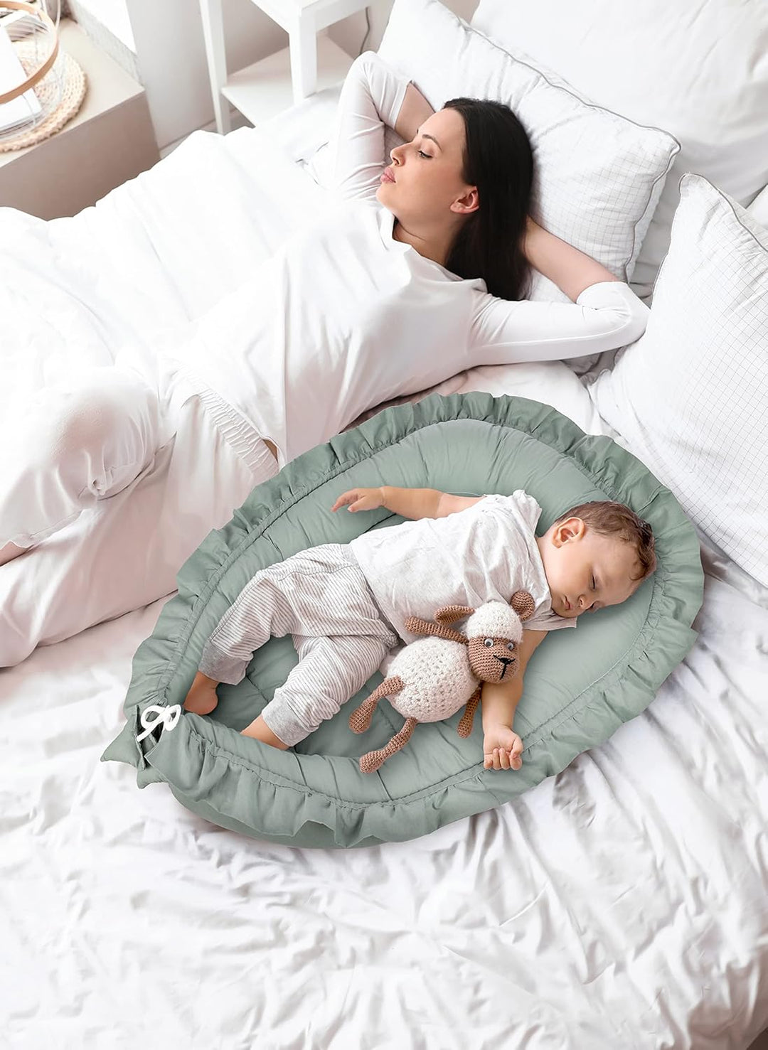 PIMKO Babynest mit rüschen Babynestchen für Baby Kuschelnest Babykokon für Säuglinge und Neugeborene
