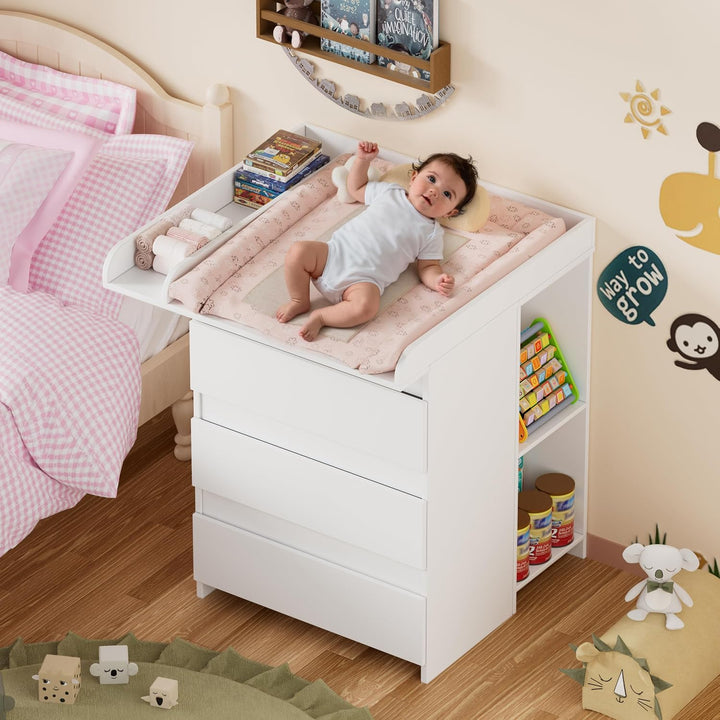 2-in-1 Wickelkommode mit abnehmbarem Wickelaufsatz,Baby Wickeltisch Weiss, Kommode mit 3 Schubladen