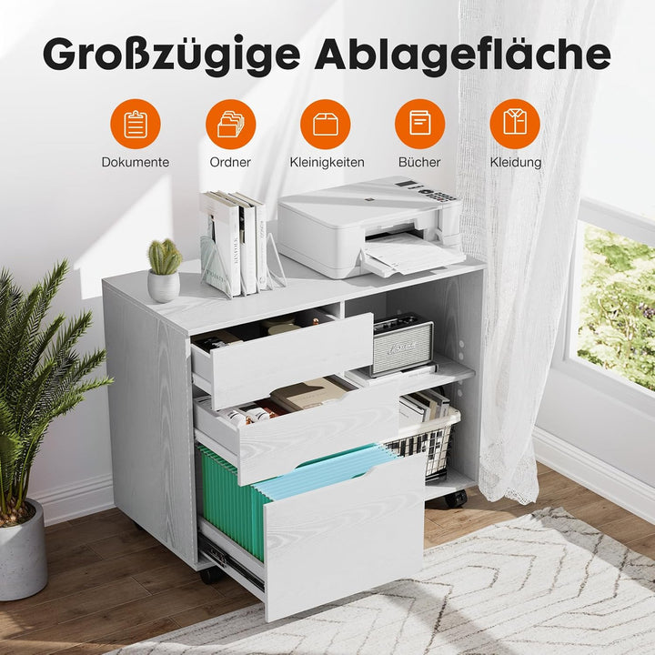 Sweetcrispy Rollcontainer mit 3 Schubladen,Aktenschrank und Druckerschrank mit Rollen,offene Ablage,