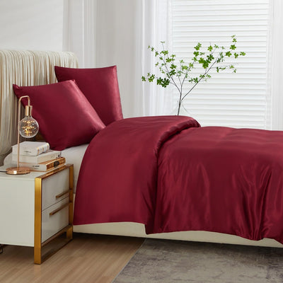 Luowei Satin Bettwäsche 155x220 3tlg Weinrot Einfarbig Uni Glänzend Glatt 1 Bettbezug mit 2er Set 80