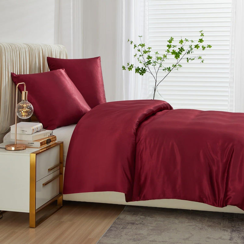 Luowei Satin Bettwäsche 155x220 3tlg Weinrot Einfarbig Uni Glänzend Glatt 1 Bettbezug mit 2er Set 80