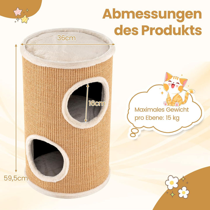 GOPLUS Kratztonne 3 Ebenen, 70 cm Katzentonne mit 3 Höhlen, Plüschbett, Liegefläche & Sisal-Kratzbre