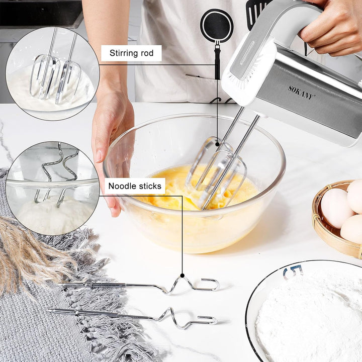SOKANY 800W Handrührgerät Edelstahlkneter Handmixer, 5 Geschwindigkeiten mit Exit-Taste, Handrührer