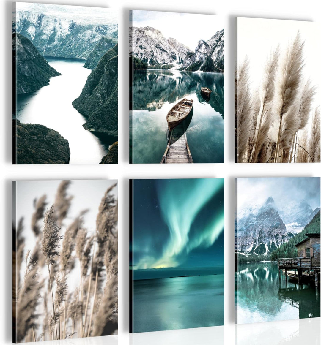 Novart Wandbilder Set - KOMPLETT AUFHÄNGFERTIG - Made in Germany - Moderne Bilder Natur Berge See Wo