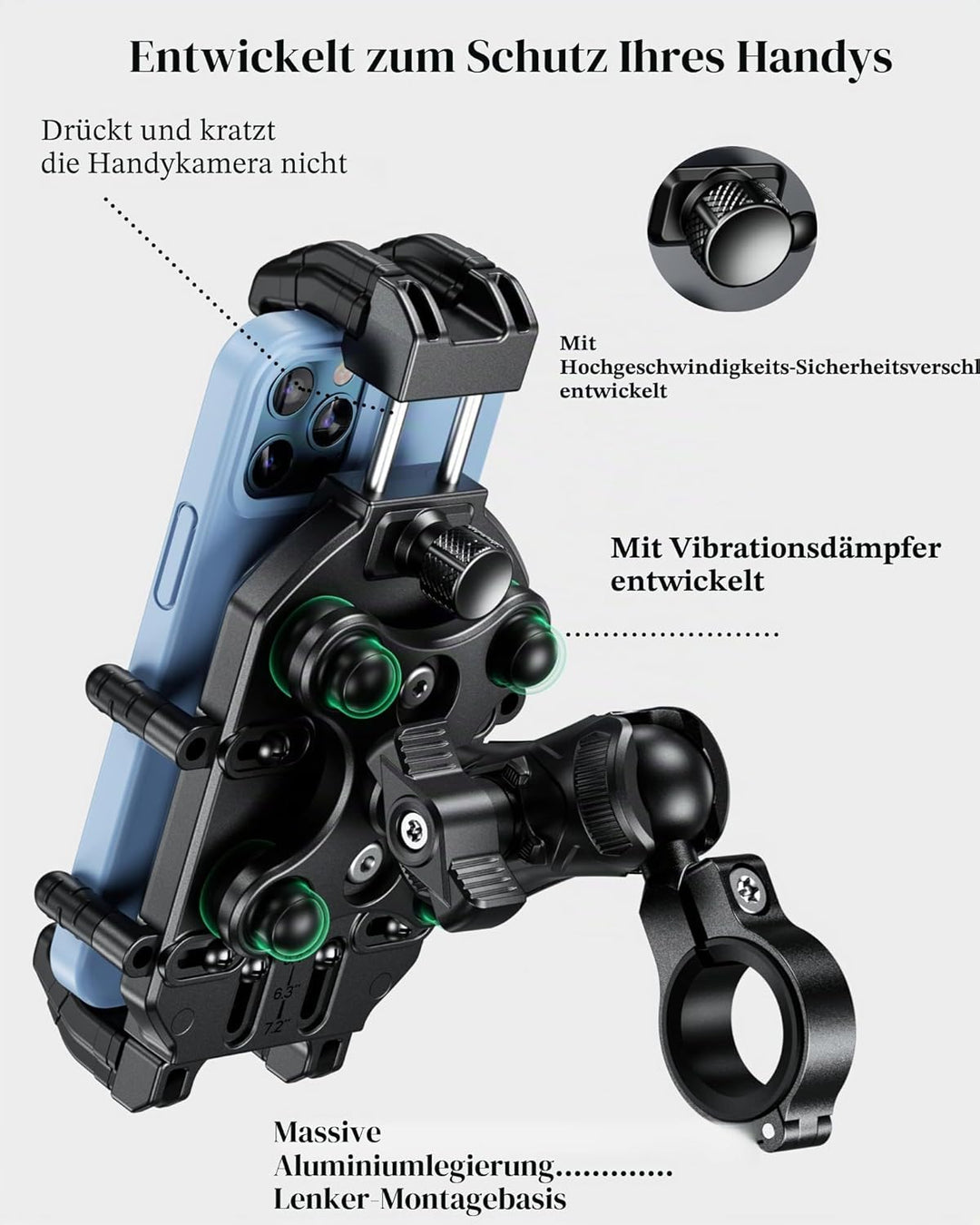 BRCOVAN Motorrad-Handyhalterung mit Vibrationsdämpfer und Hochgeschwindigkeits-Sicherheitsknauf, Die