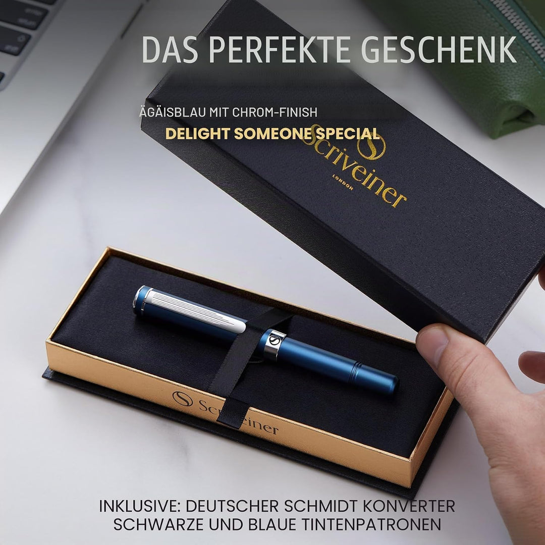 Scriveiner Luxus EDC Füllfederhalter (Mittel), Mattblau Taschenfüller, verchromt, deutsche Schmidt M