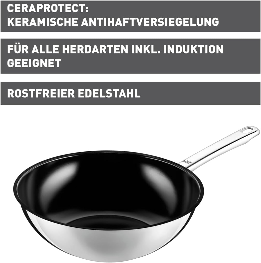 Silit Wuhan Wokpfanne Induktion 28 cm, Wok Edelstahl beschichtet, Wok Induktion, backofenfest