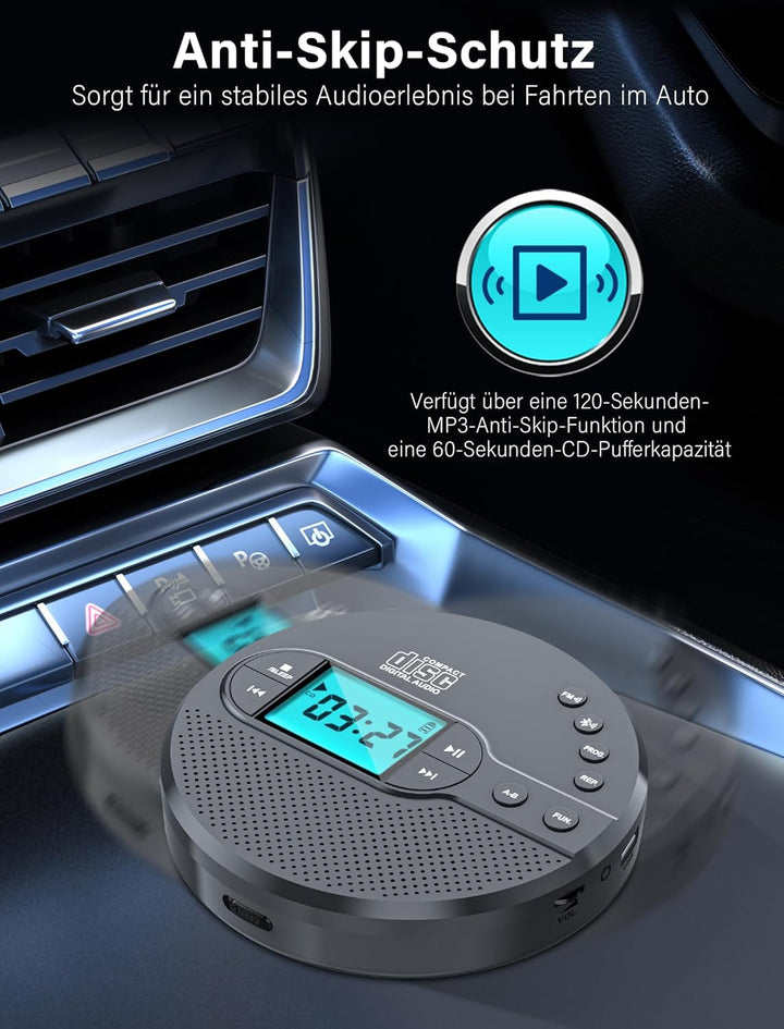 Walkman CD-Player mit Bluetooth - 2000mAh Wiederaufladbarer Discman CD-Player mit FM-Transmitter, Ko