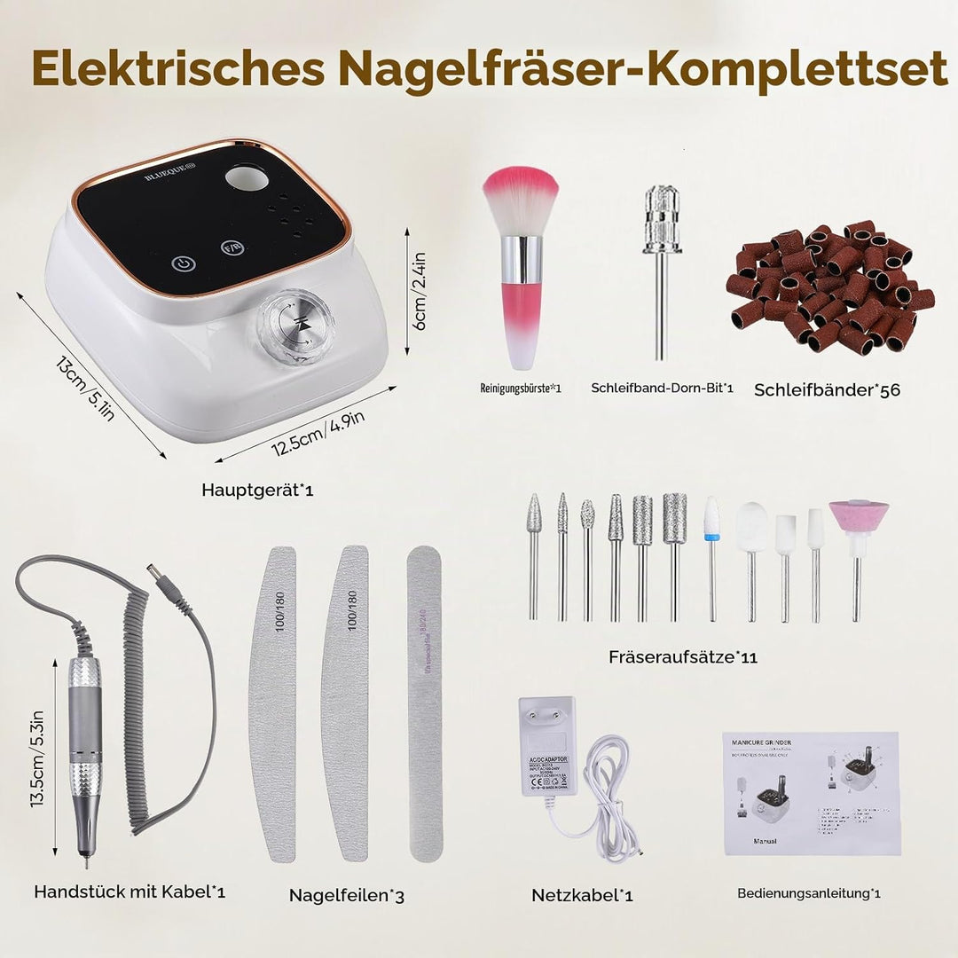 Elektrische Nagelfräse mit 45.000 U/min – LCD Display, 56 Schleifbänder, 11 Bohrer, USB-Ladestation,