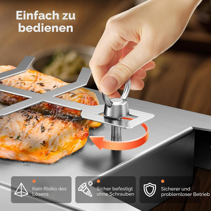 Flammlachsbrett Edelstahl, Flammlachsbrett für Feuerschale, 180° Drehbar, mit Verbrühungssicherer Ha