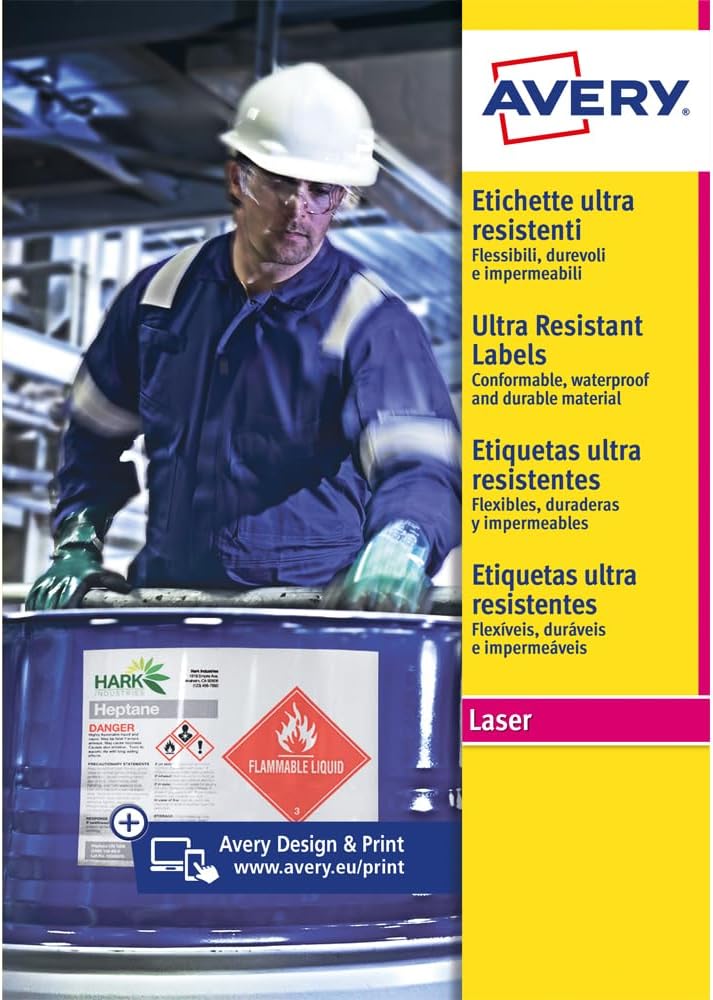 Avery b7651–50 A4 Ultra robuste Wasserdicht GHS Etiketten für alle Drucker – Weiss