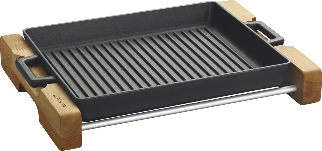 LAVA Metallguss-Grillpfanne mit Metallgriffen, Holzständer, 26x32 cm