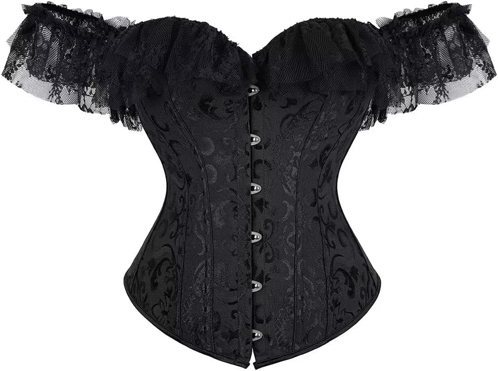 Josamogre Schwarz Korsett Damen Corset Top Sexy Corsage Korsage Vollbrust Spitze Lace Ärmel Weg Von
