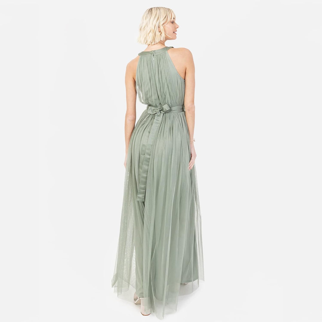 Ladies Maxi Dress for Women Halter Neck Long Sleeveless with Belt A Line Evening Gown Ball Prom Wedd