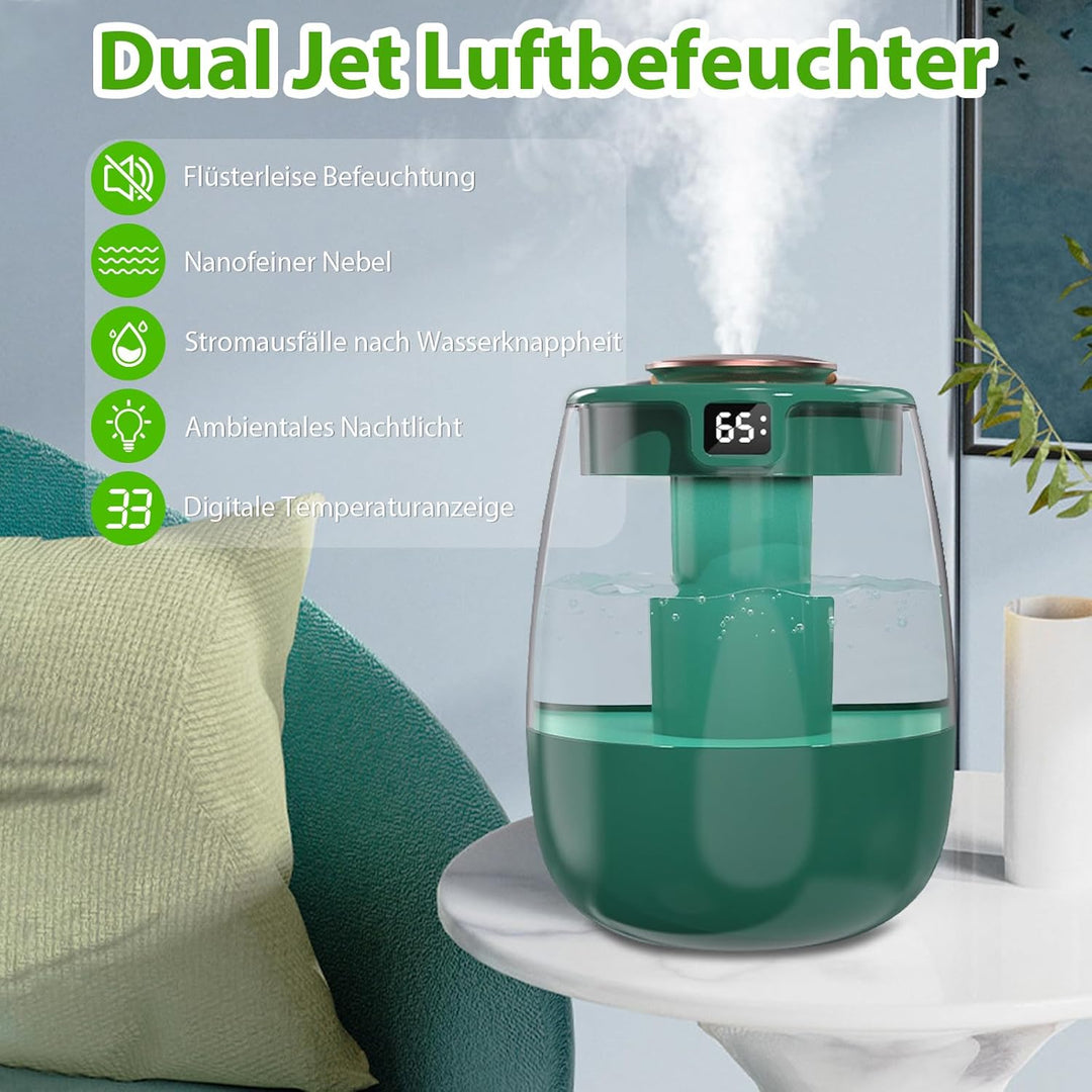 Luftbefeuchter, 1L Leise Humidifier mit 2 Loch, Luftbefeuchter mit leiser USB-Digitalanzeige, 2 Nebe