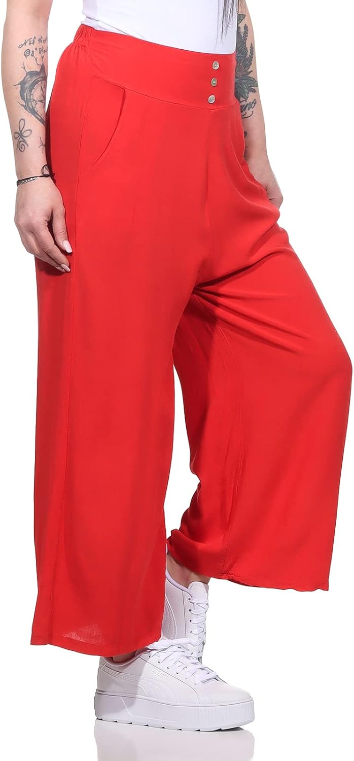 Damen Hose Marlenehose Palazzo luftige Sommerhose Boho Hippie 7/8 Schlaghose, 36-40 Rot