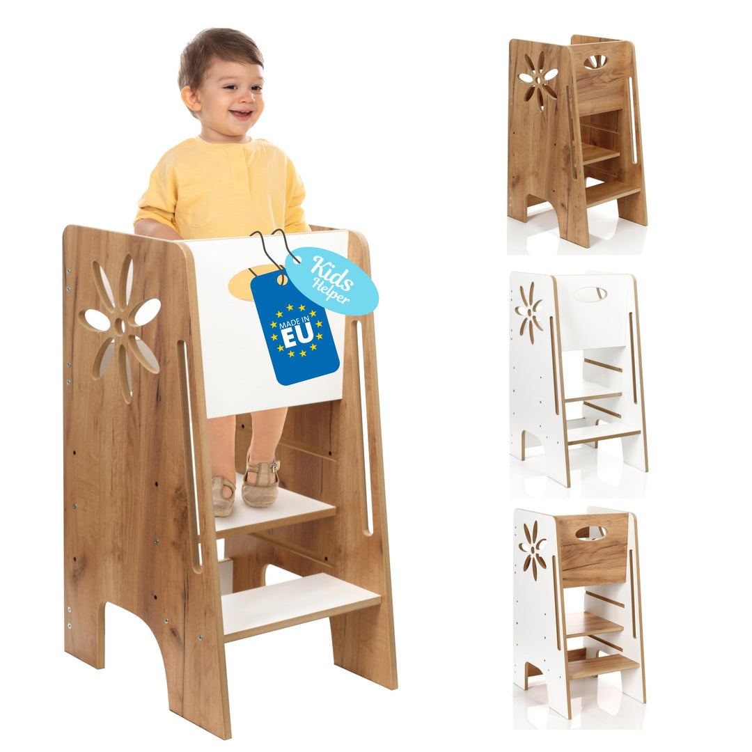 Kitchen Kids Helper Lernturm ab 1 Jahr - Höhenverstellbarer Lernturm Montessori Eiche-Weiss 80cm - S