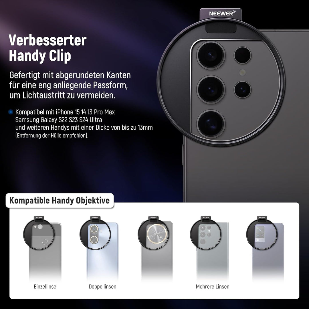 Neewer 67 mm Variables ND2-ND32 Handy-Objektivfilter-Set, Handy-Clip mit Gewindeadapterring/Kaltschu