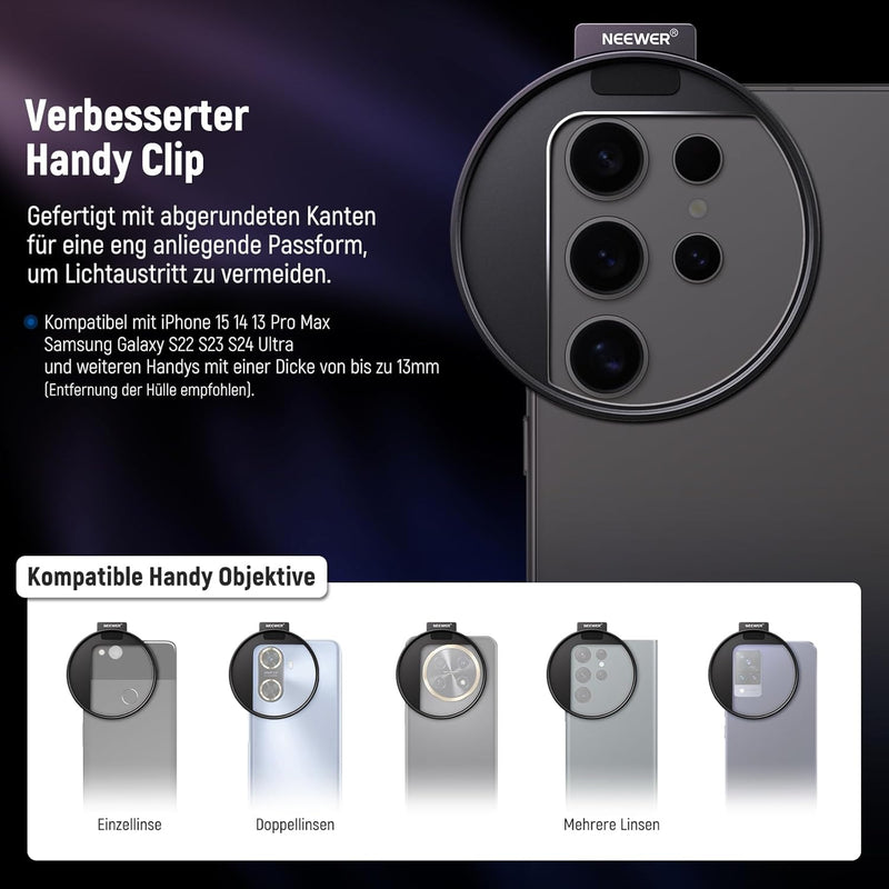 Neewer 67 mm Variables ND2-ND32 Handy-Objektivfilter-Set, Handy-Clip mit Gewindeadapterring/Kaltschu