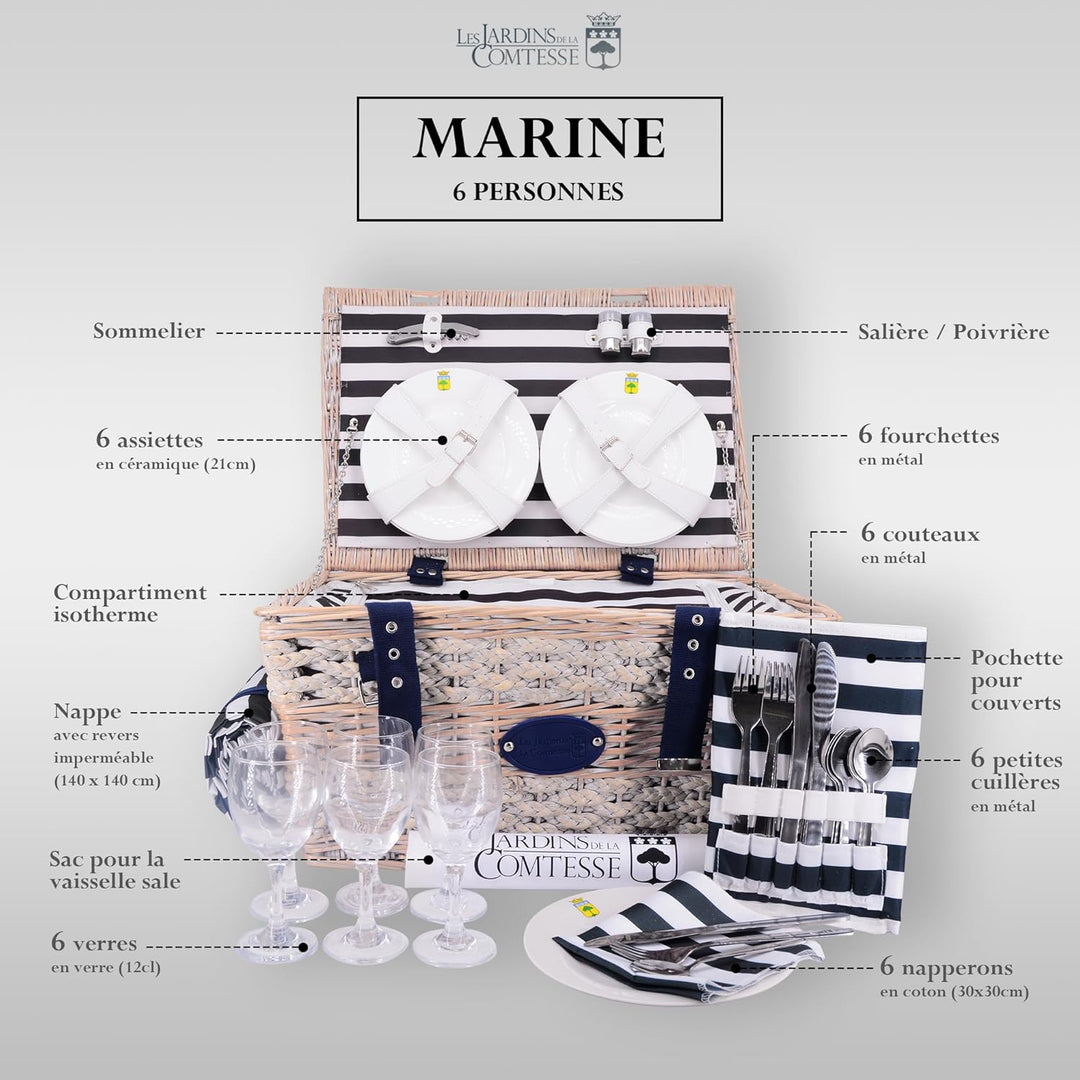 Les Jardins de la Comtesse - Picknickkorb Marine aus Weide - Komplett Für 6 Personen - Kühlfach - Ke