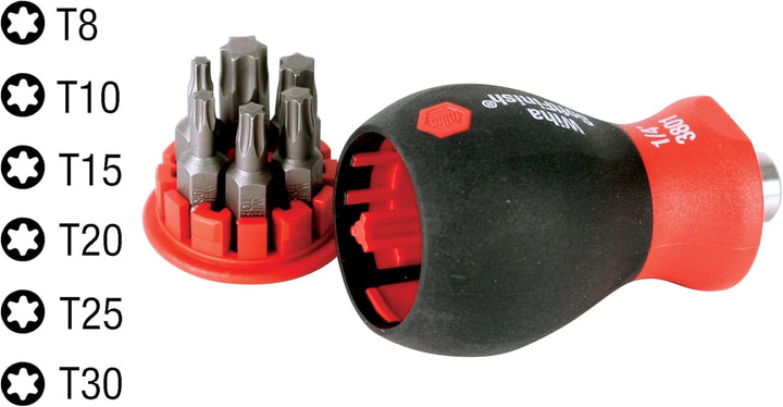 Wiha 38045 Kurzförmiger Schraubendreher mit 6 in 1 Einsatz-Bits, Torx Mehrfarbig/Meereswellen (Ocean