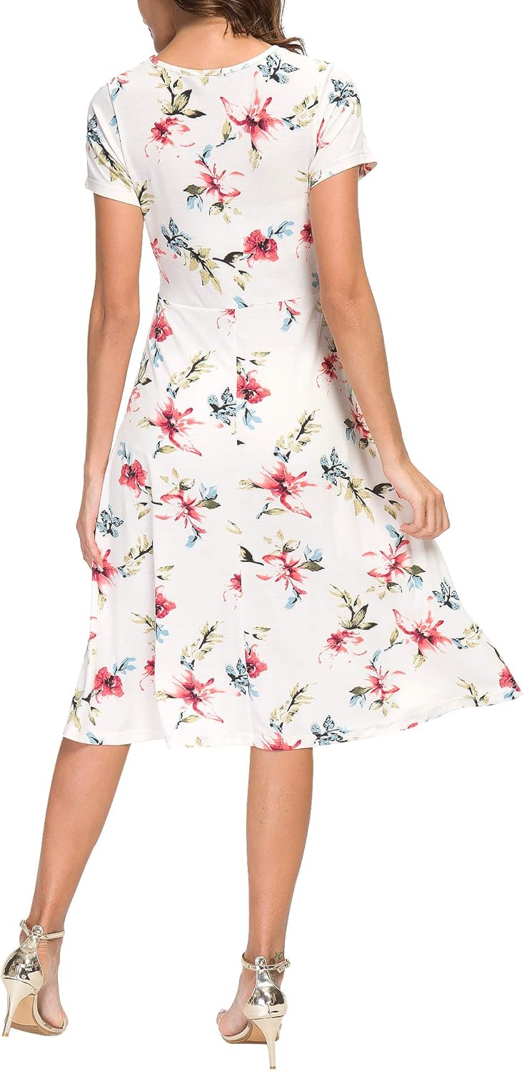 EXCHIC Damen Elegant Blumendruck Kleid Rundhals Knielang Kleider, M 5