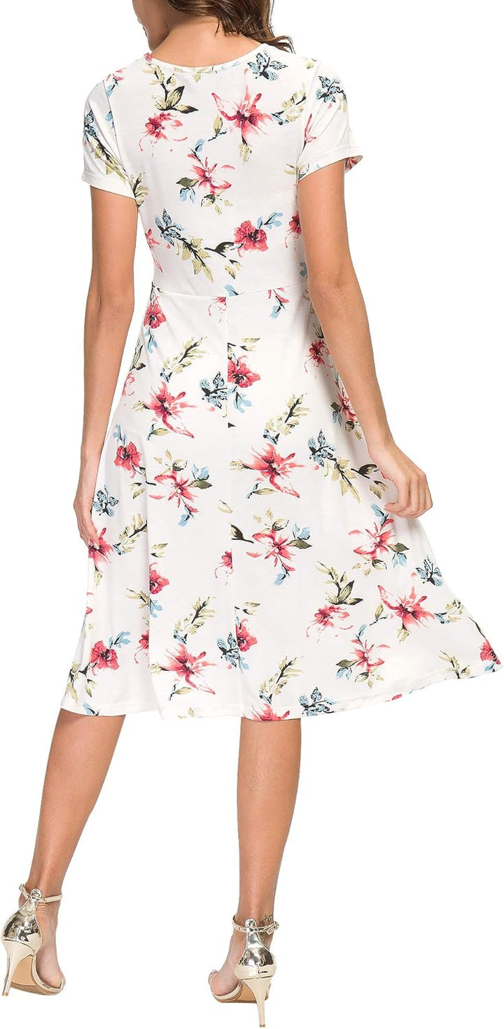 EXCHIC Damen Elegant Blumendruck Kleid Rundhals Knielang Kleider, M 5