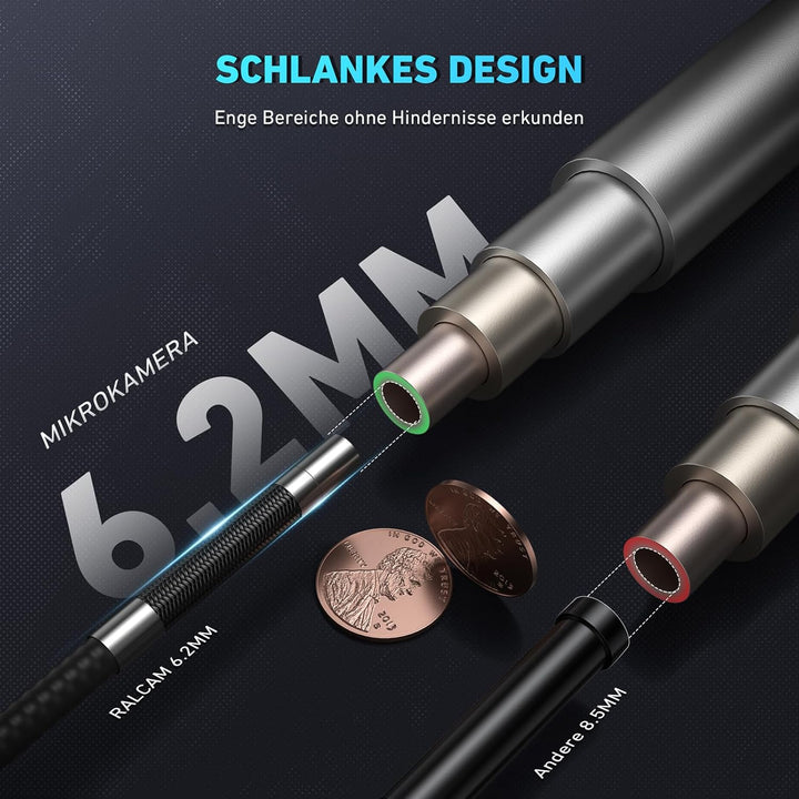 Ralcam Endoskopkamera mit Licht, 6.2mm 210° Bi-Direktionale Inspektionskamera, 4.3“ 1280x720P Rohrka