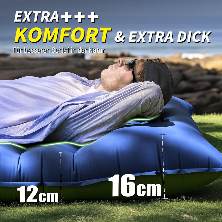 Myxslop Isomatte Camping, 12CM Aufblasbare Isomatte mit Fusspumpe &amp; Kissen Outdoor, Ultraleicht Luft