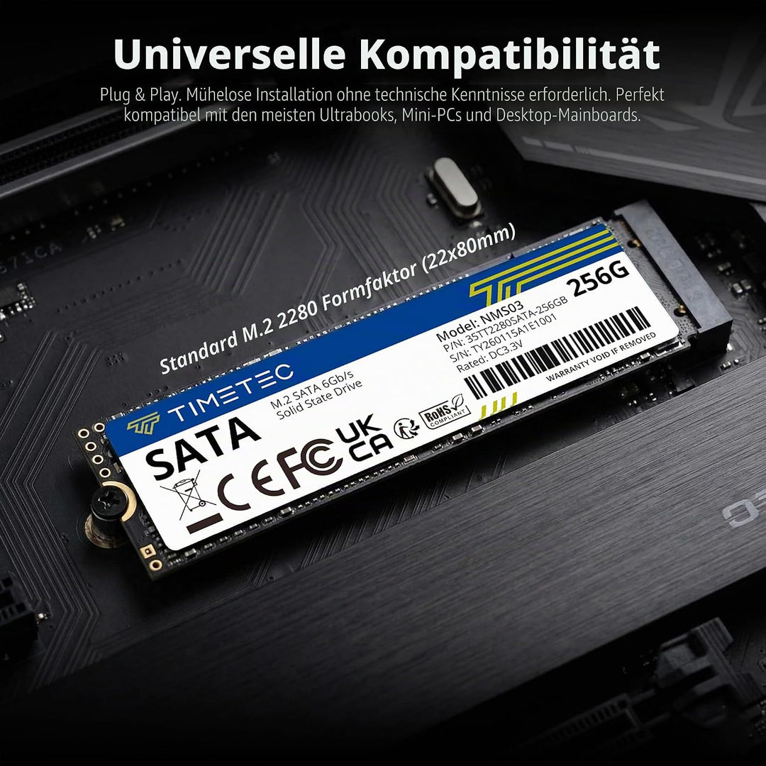 Timetec 256 GB SSD 3D NAND TLC SATA III 6 Gb/s M.2 2280 NGFF 128 TBW Lesegeschwindigkeit Bis zu 550