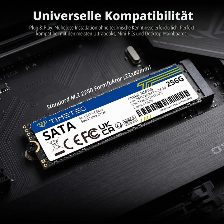 Timetec 256 GB SSD 3D NAND TLC SATA III 6 Gb/s M.2 2280 NGFF 128 TBW Lesegeschwindigkeit Bis zu 550