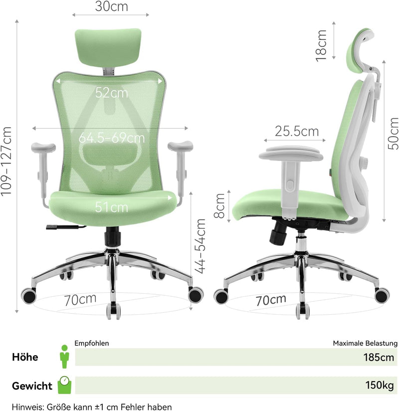 SIHOO M18 Bürostuhl ergonomisch, Computer-Schreibtisch Stuhl mit Verstellbarer Kopfstütze und Lenden