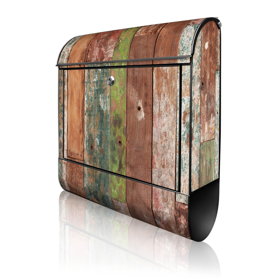 banjado® Design Briefkasten mit Motiv Buntes Holz 39x47x14cm &amp; 2 Schlüssel - Briefkasten Stahl schwa