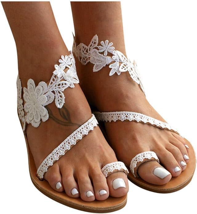 Flache Sommersandalen für Damen, Bohemian, offener Zehenbereich,Spitze, Flip Flop, niedriger Absatz,