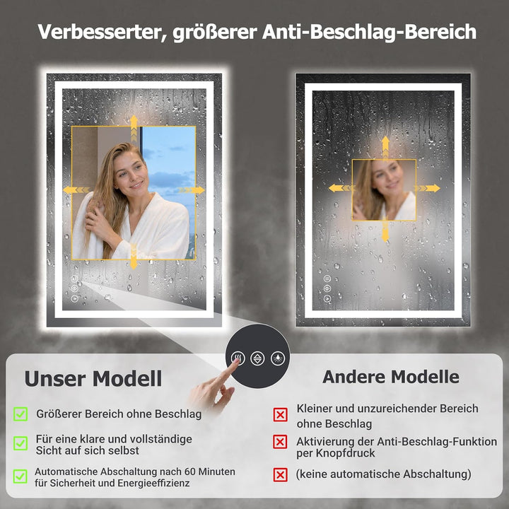 XRAMFY Badspiegel mit Beleuchtung 50x70cm mit Anti-Beschlag, IP65 Wassergeschützt, Spiegel mit Beleu