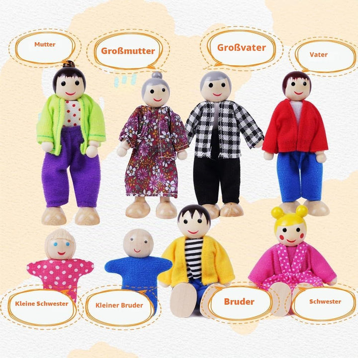 HOTUT Puppenhaus Möbel Set aus Holz, 20 Stück Puppenhaus Möbel mit 8 Puppenfamilien, Mini Puppenhaus