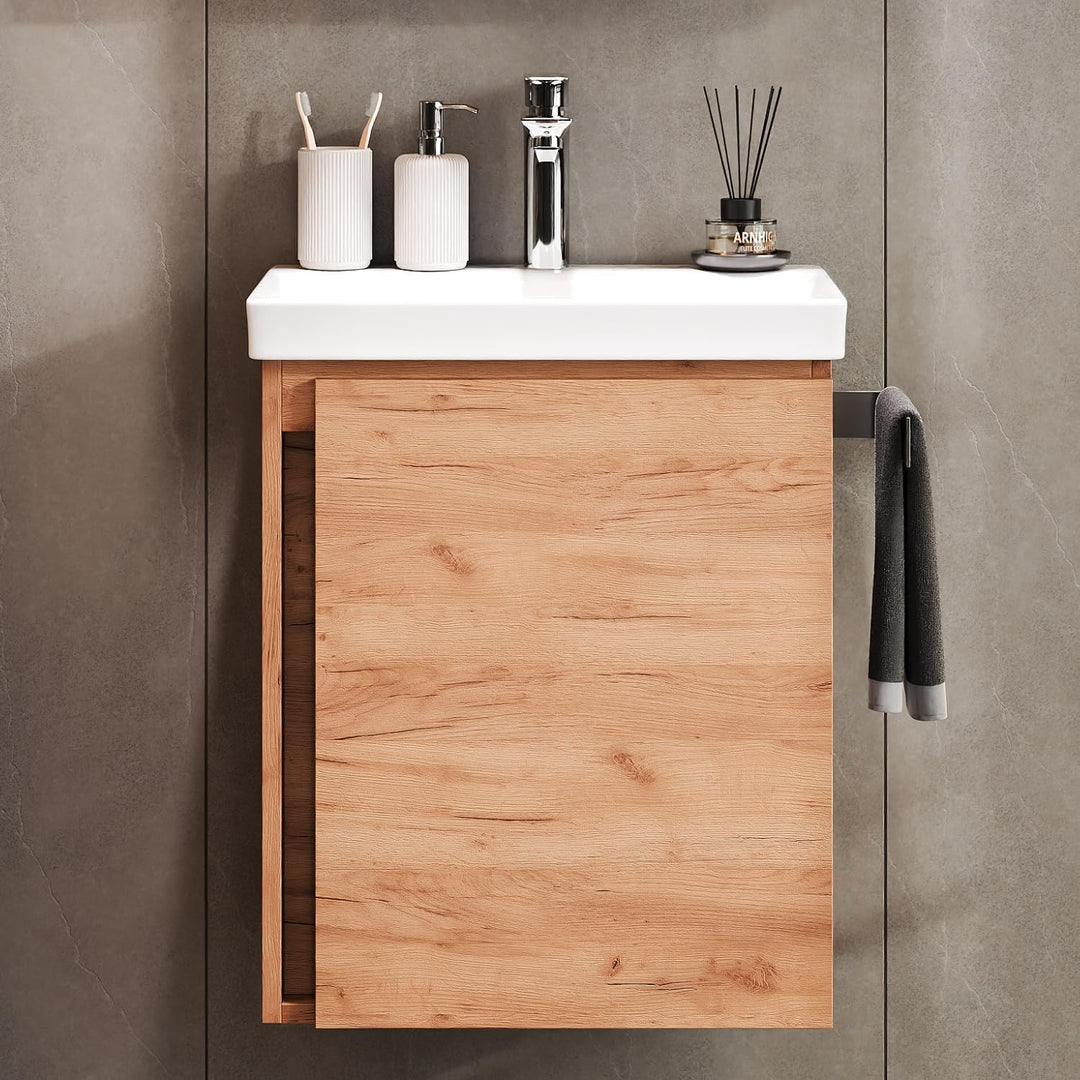 Planetmöbel Waschtischunterschrank 50 cm Gold Eiche mit Armatur Chrom mit Wasserhahn Chrom Gold Eich
