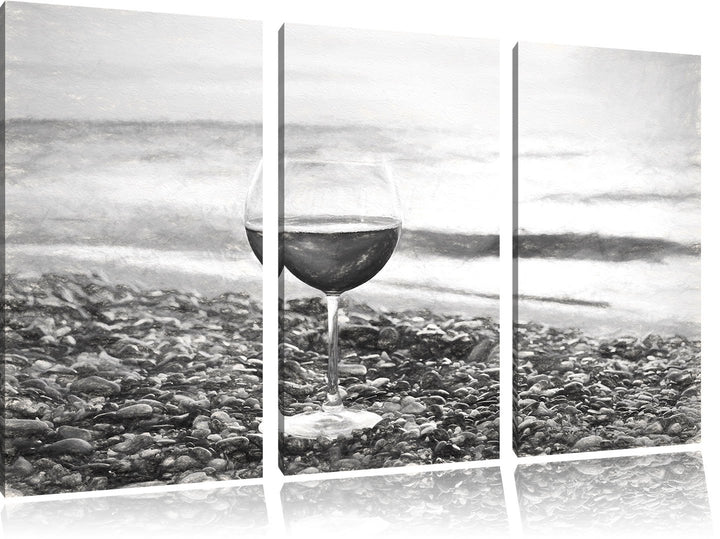 Pixxprint Weinglas am Strand als Leinwandbild/Grösse: 3 Teilig (120x80 cm) cm/Wandbild/Kunstdruck/fe