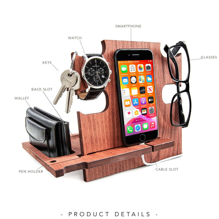 Personalisierte Dockingstation, Smartphone-Ständer - Nachttischhalter aus Holz, Geschenkidee für Män