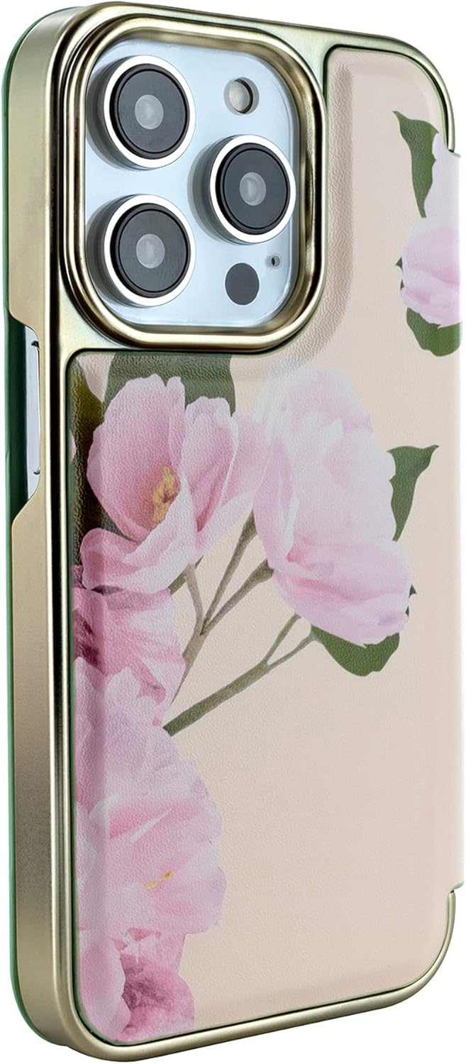 Ted Baker LIRION Cream Flower Placement Mirror Folio Phone Case for iPhone 14 Pro Green Gold Shell,