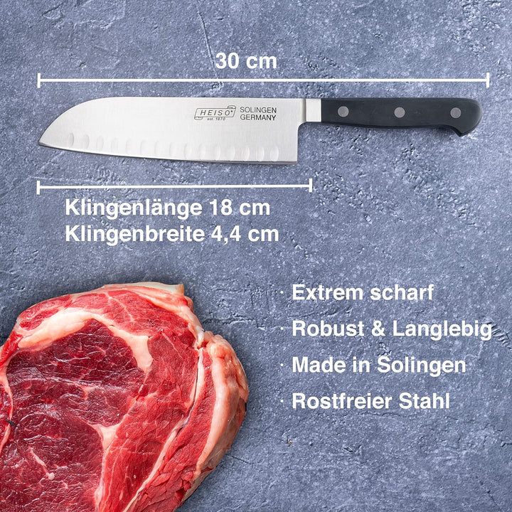 HEISO - Santoku Messer - PREMIUM SERIE - rostfreie 18cm Klinge - Küchenmesser Made in Solingen - San