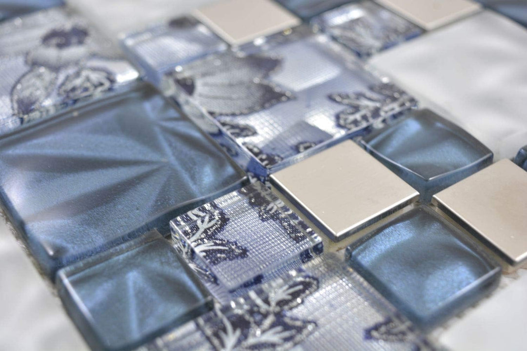 Mosaik Fliese Kombination Crystal/Stahl mix grau/blau für WAND BAD WC KÜCHE FLIESENSPIEGEL THEKENVER