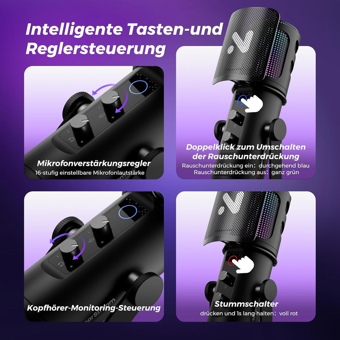 NearStream Gaming Mikrofon für PC, USB Mikrofon mit Rauschunterdrückung/RGB Licht/Stummschaltung/Ver