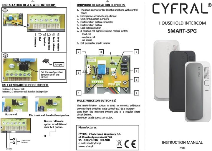 Cyfral Smart 5p Universal Haustelefon 4 Plus N, 4, 5, 6 Draht-System