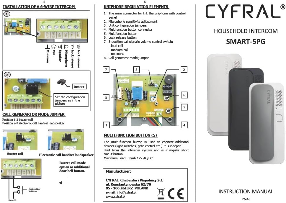 Cyfral 5902768850789 Smart5p Smart 5p Haustelefon 4 Plus N, 4, 5, 6 Draht-System, Weiss
