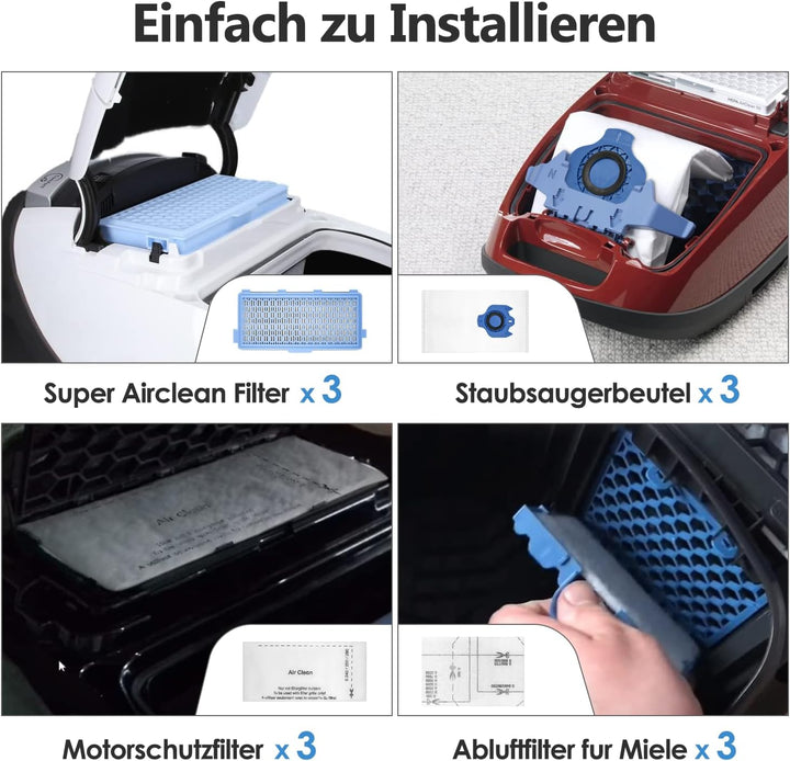 Zubehörset Filter für Miele Staubsauger [Compact C1&C2, Complete C2&C3, S8340], 3 GN Staubsaugerbeut