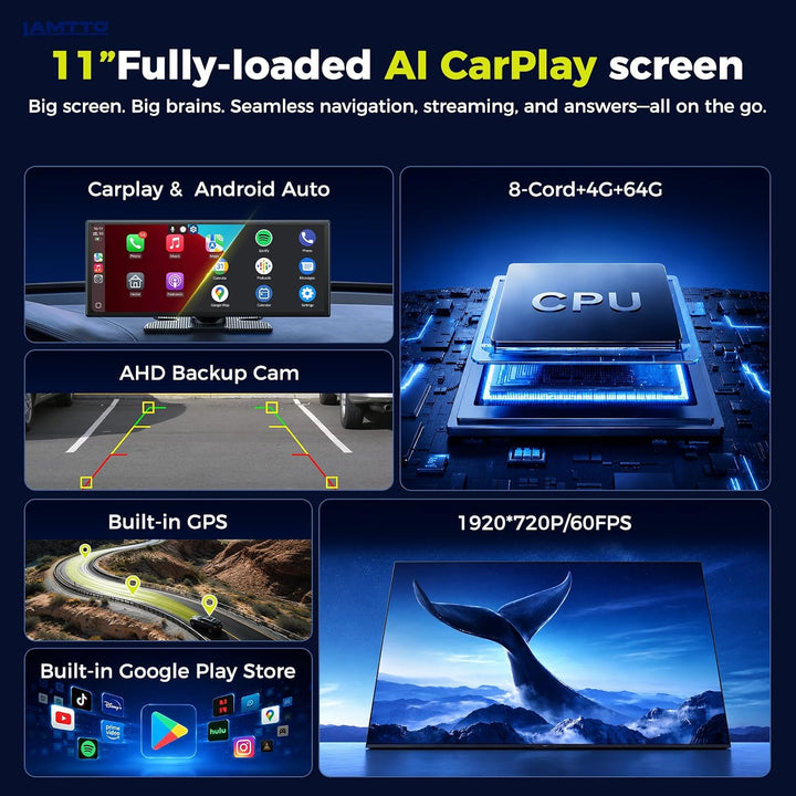LAMTTO AI CarPlay Display 11 Zoll mit Android 15, Google Play &amp; Gemini AI